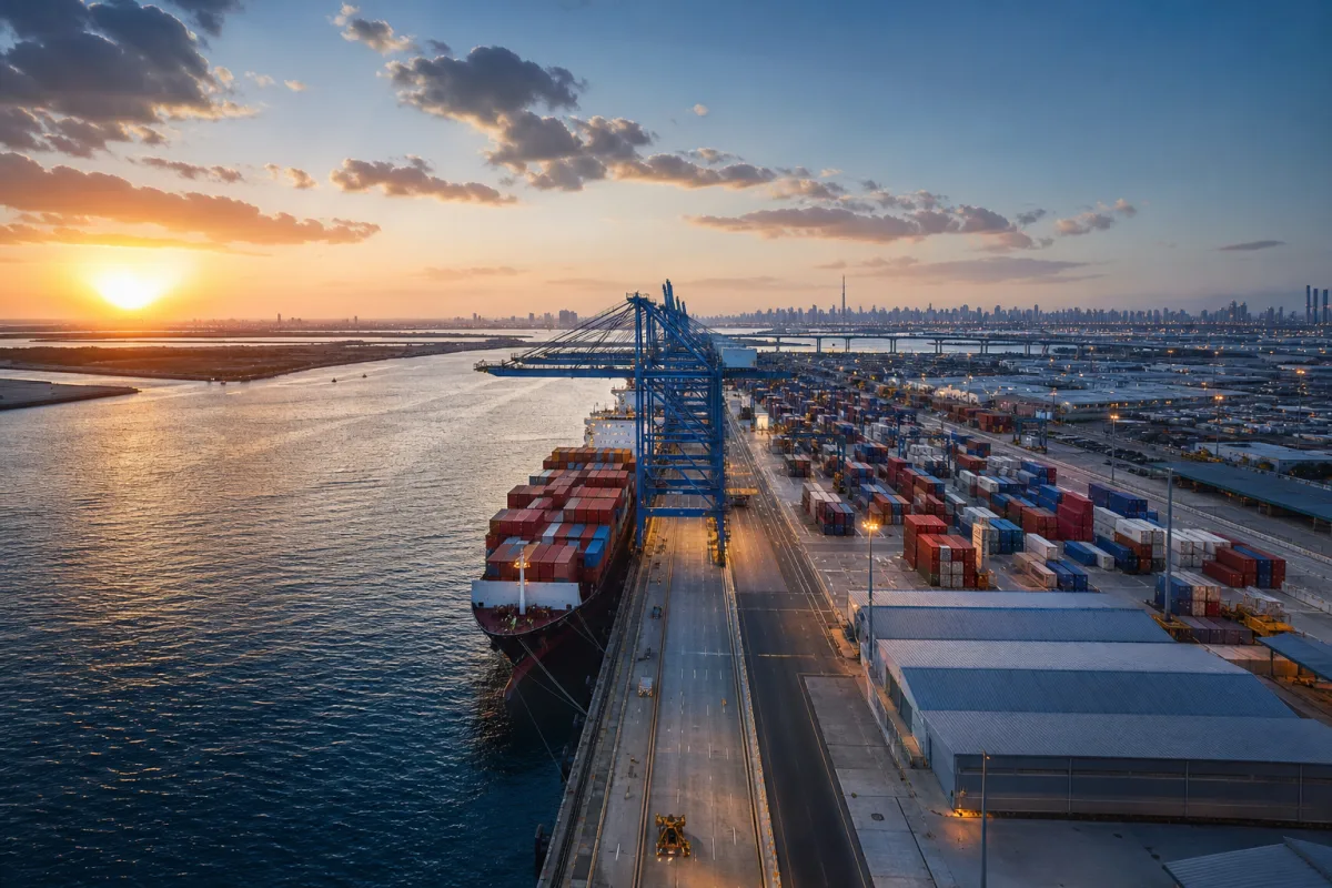 A modern commercial port connecting cargo shipping, warehousing and international trade