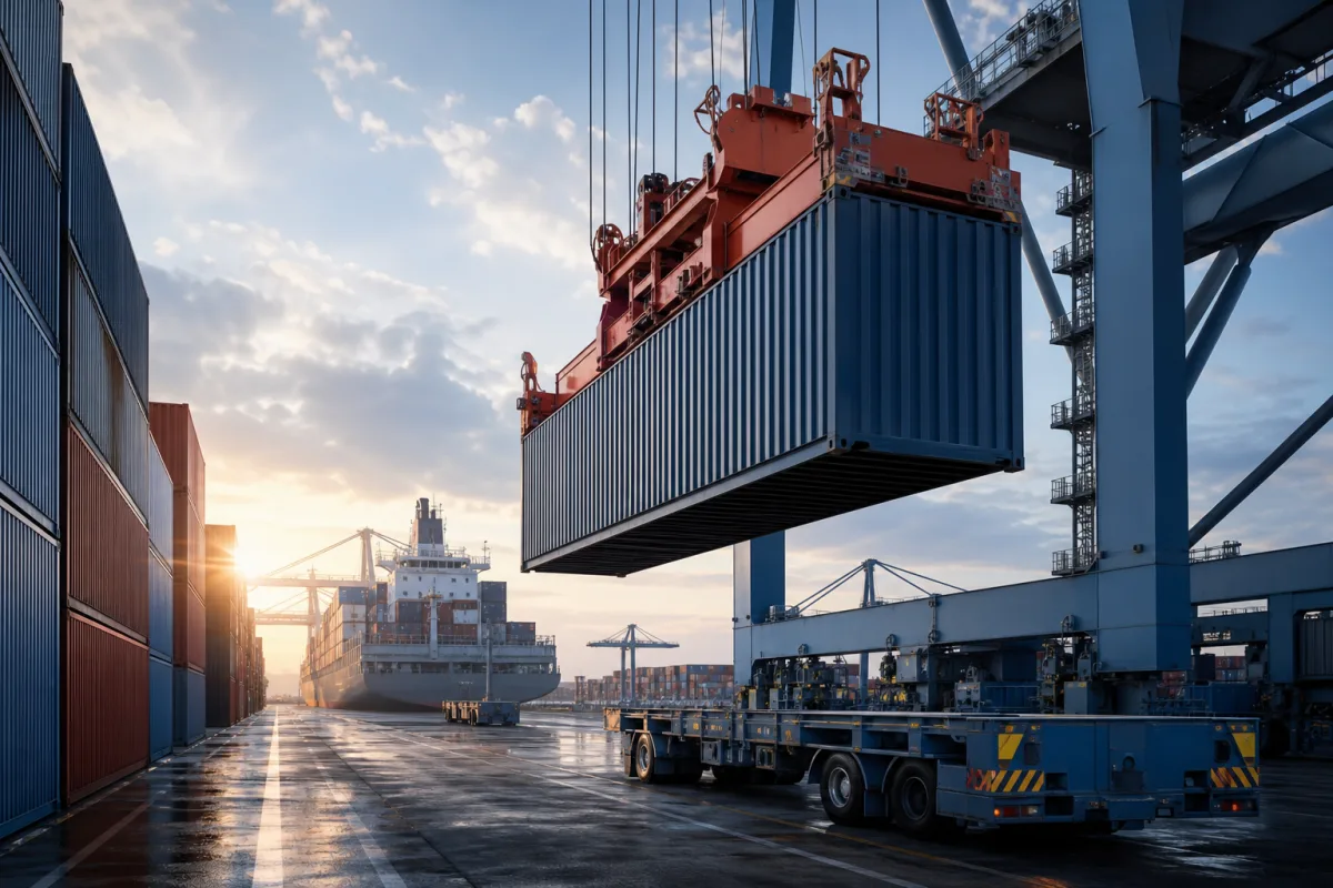 Cargo container being handled at an international container terminal