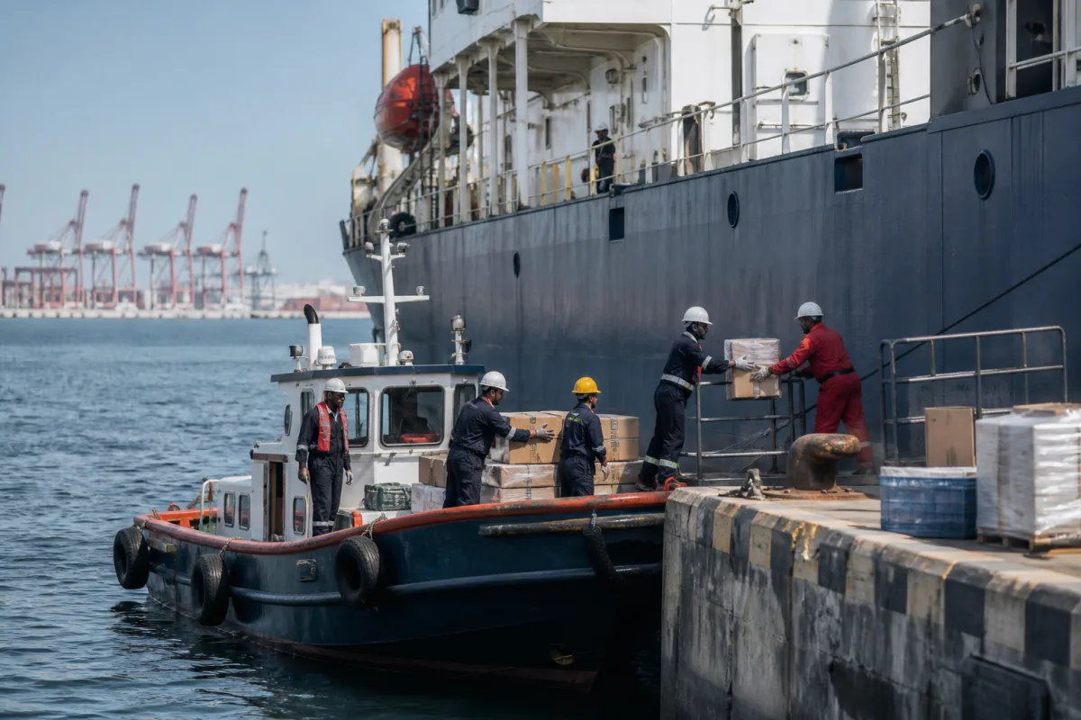 Marine supply team delivering provisions to a commercial vessel at port
