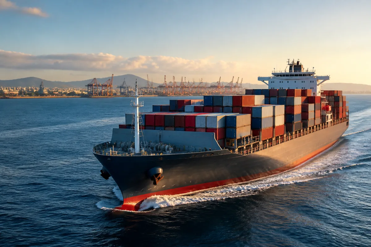 Commercial container vessel approaching a modern cargo port