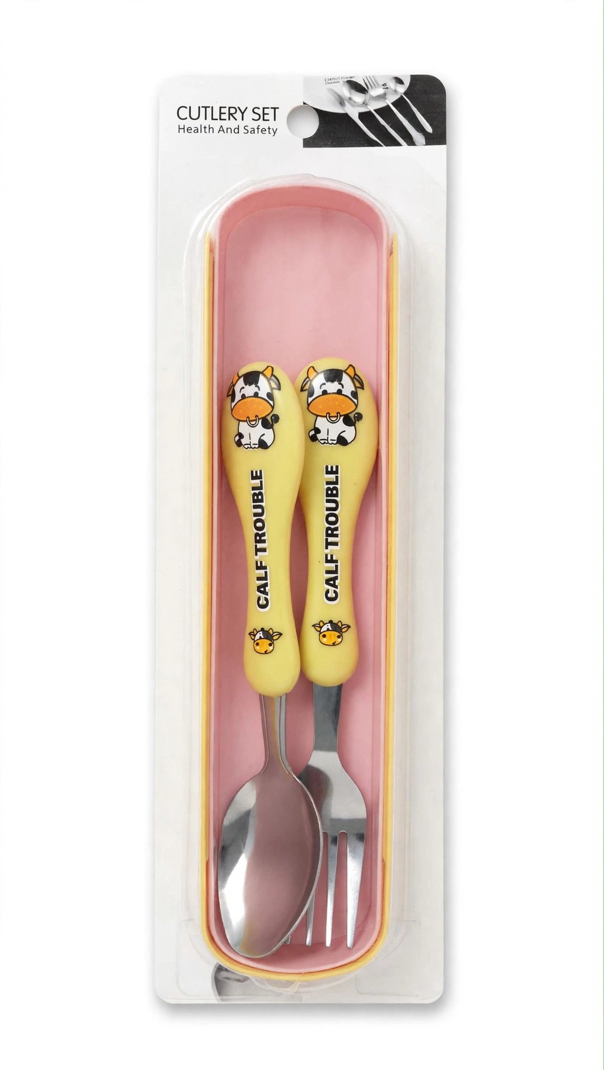 Kids Cutlery Set 2Pcs Calf Trouble - Cute Cow Cartoon Spoon & Fork Set with Yellow Handle - Stainless Steel Health & Safety Tableware Set